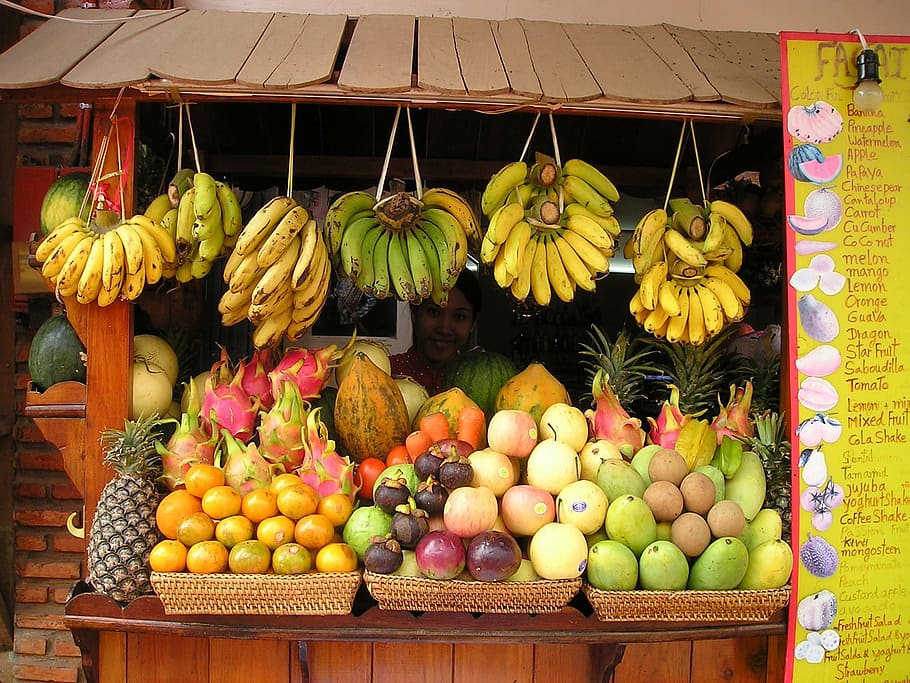 assorted fruits, fruit, fruits, fruit stand, fruit juice, juice, southeast, asia, laos, choice
