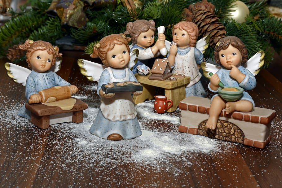 cherub ceramic figurines, angel, bake, decoration, deco, christmas, delicious, flowers, christmas decoration, dough