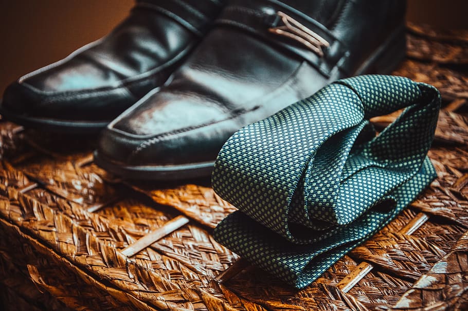 folded, green, necktie, pair, black, leather dress shoes, businessman, fashion, man, suit