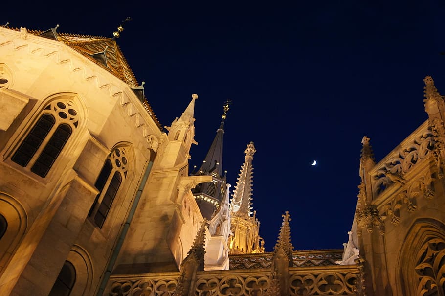 Budapeste, Igreja, Lua, Noite, Hungria, céu, viagem, catedral, Marco, construção