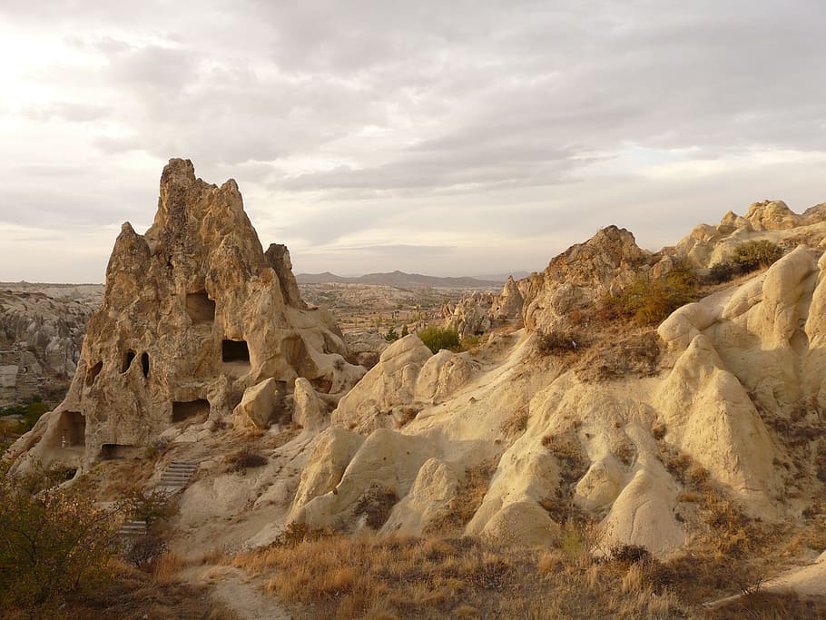 caves, mountains, cloudy, sky, göreme, open air museum, tourist centre, göreme open air museum, cappadocia, former klosteranlage