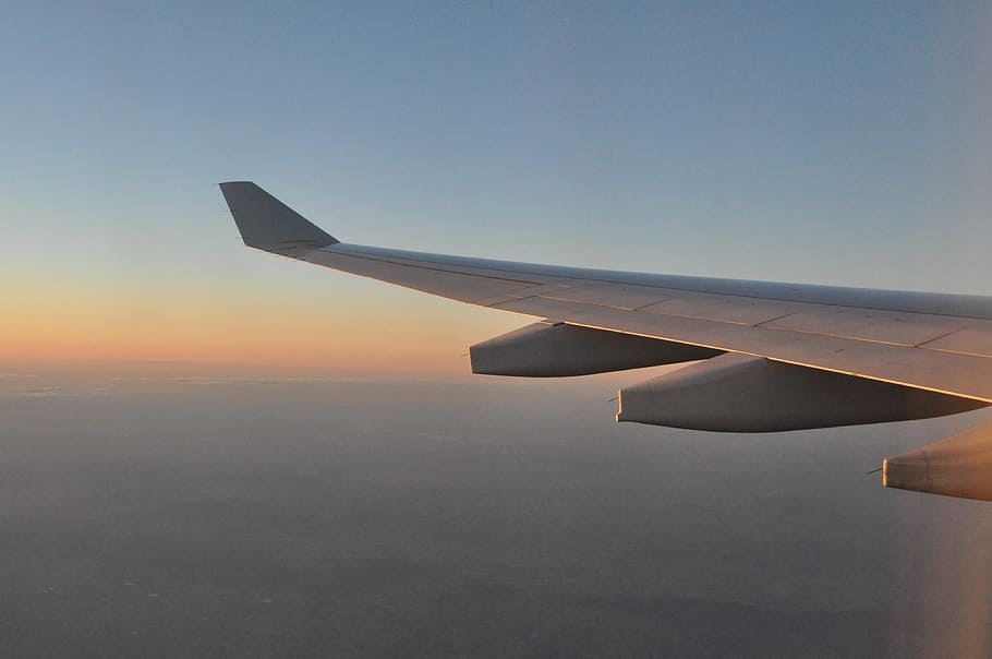 gray, airplane wing, air, Wing, Airplane, Flying, Plane, Flight, aircraft, travel