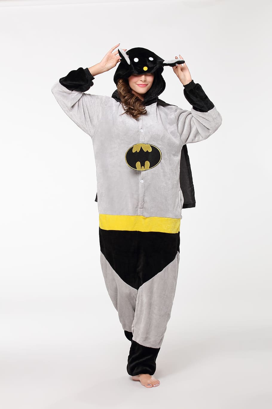 cartoon pajamas, onesies, green, studio shot, full length, front view, one person, white background, standing, indoors