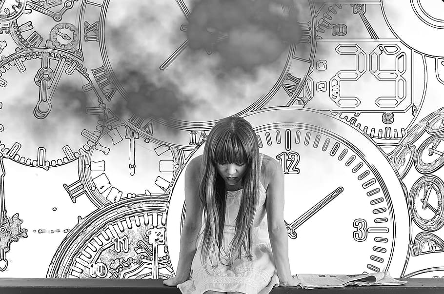 grayscale photo, woman, dress, clocks, background, girl, time, time pressure, worried, the clock is ticking