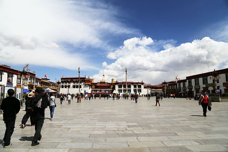lhasa, tibet, jokhang temple, blue sky, the majestic, buddhism, architecture, building exterior, group of people, city