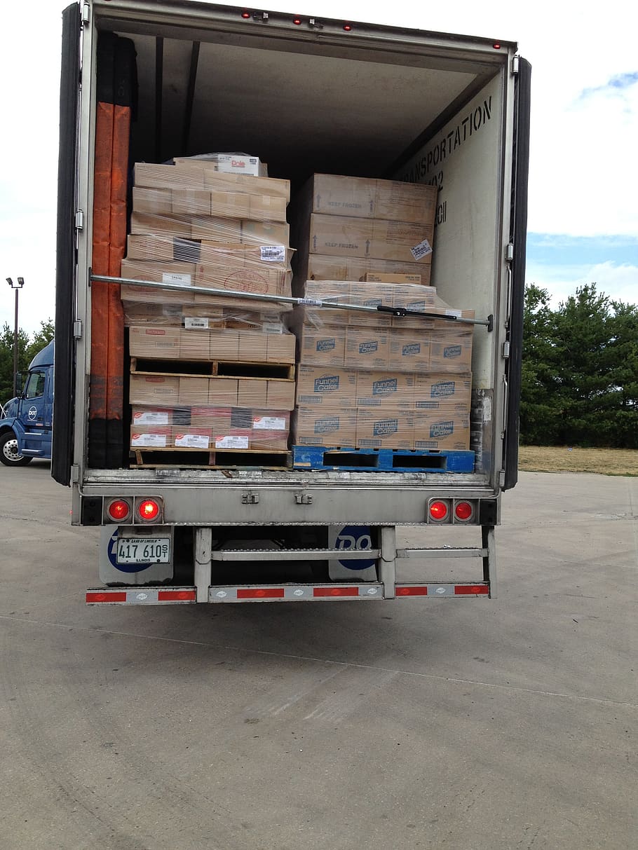 trailer, loaded, food, transportation, truck, land vehicle, mode of transportation, day, freight transportation, box
