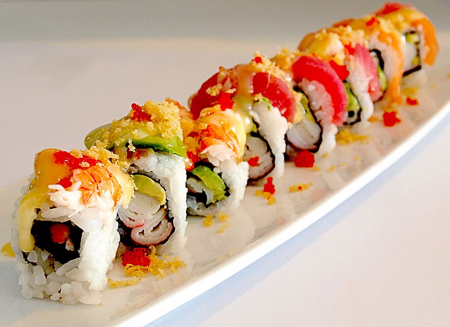 sushi on plate, maki, japanese, seafood, raw, rice, roll, oriental, wasabi,  delicious | Pxfuel