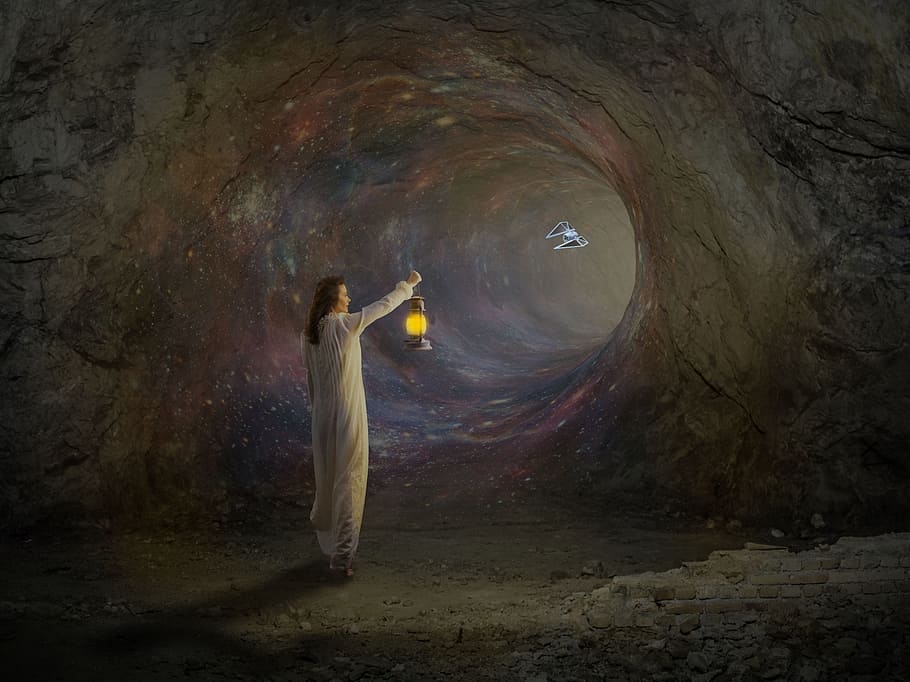 person, holding, lamp, inside, cave, worm hole, voltage, hope, illusion, time travel