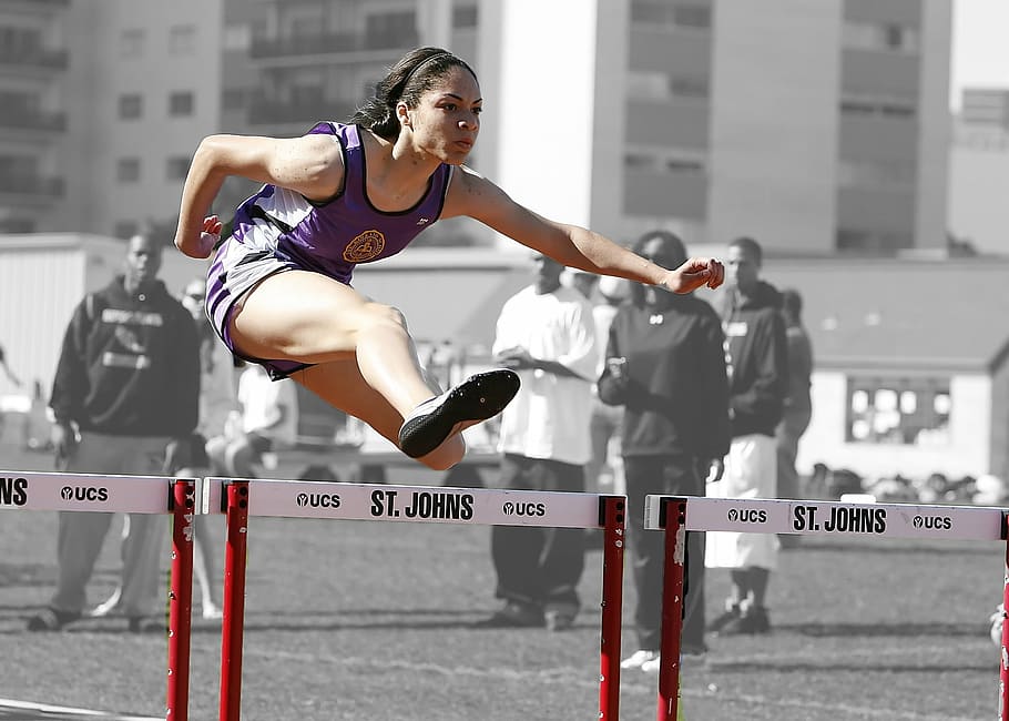 woman, purple, tank, top, jumping, hurdles, track, race, competition, running