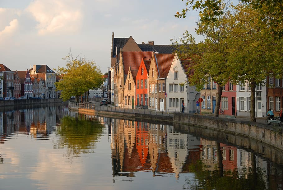 assorted-color building, canal, daytime, belgium, bruges, channel, house, facade, landscape, trees