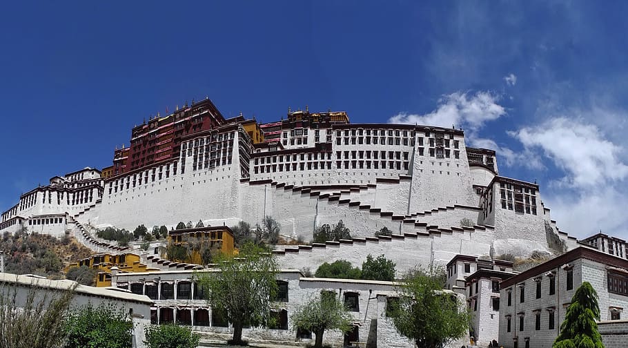 buinding beton putih, putih, beton, tibet, bangunan, arsitektur, indah, langit, awan, tengara