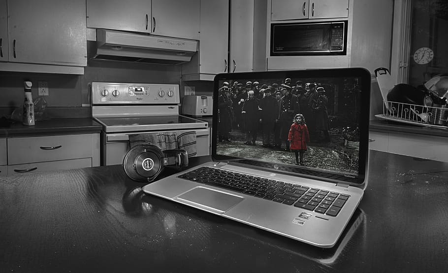 gray, black, laptop computer, turned-on screen, b w, black and white, black and white hdr, laptop, laptop chicken, hp laptop