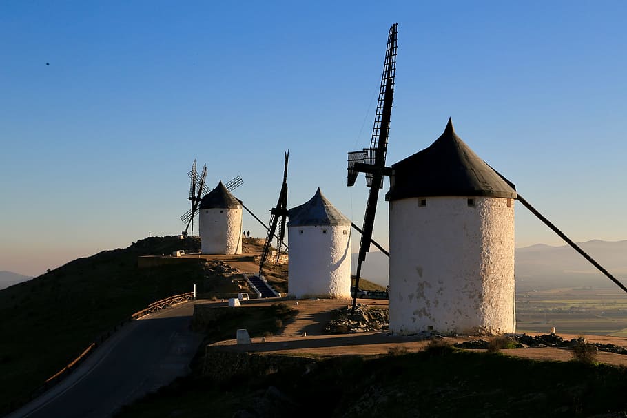 windmills on mountain, windmill, don quixote, spain, sky, built structure, architecture, turbine, wind turbine, wind power
