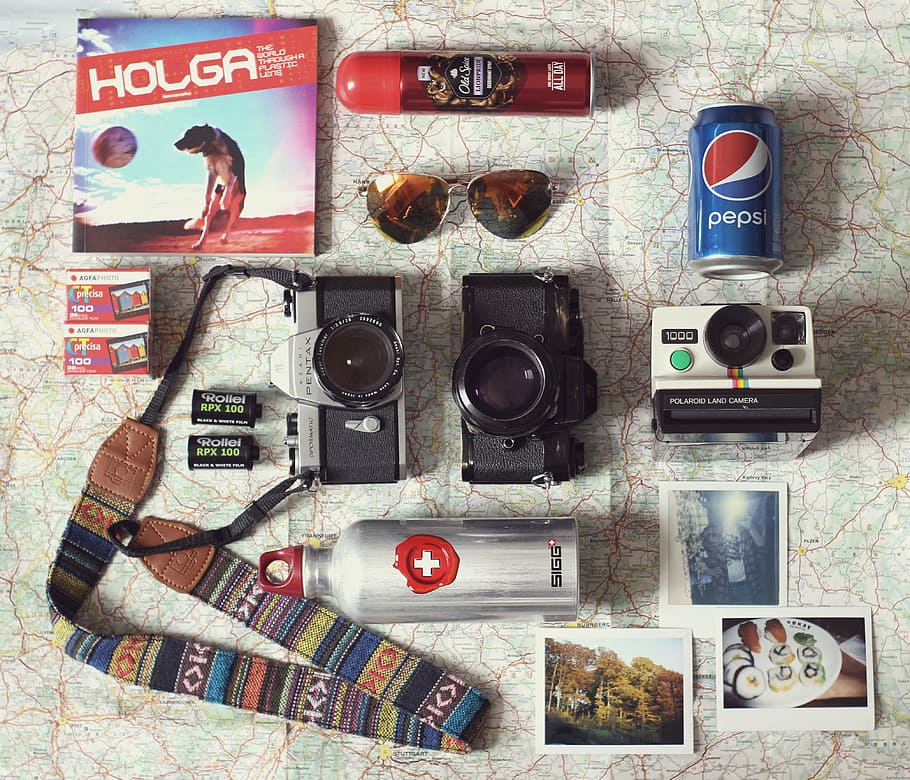 three, camera, bottles, pictures, white, map surface, camera equipment, travel, summer holiday, summer