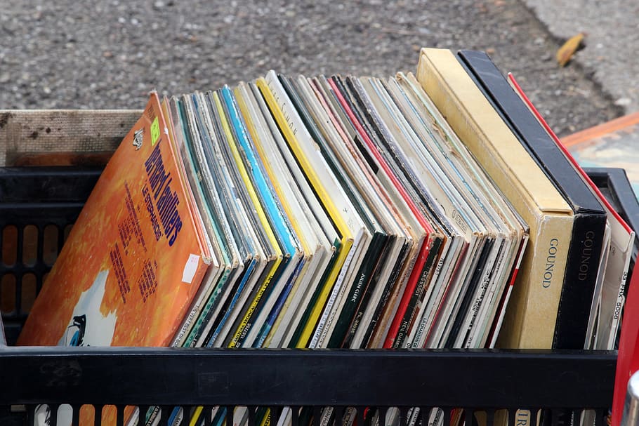 vinyl record sleeve collection, Vinyl, Disk, Vinyl Disc, Music, vinyl, disk, flea market, large group of objects, paper, stack