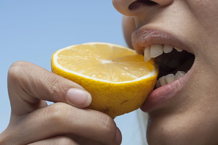 close, person, biting, yellow, citrus, fruit, eating, bite, lemon, ladies