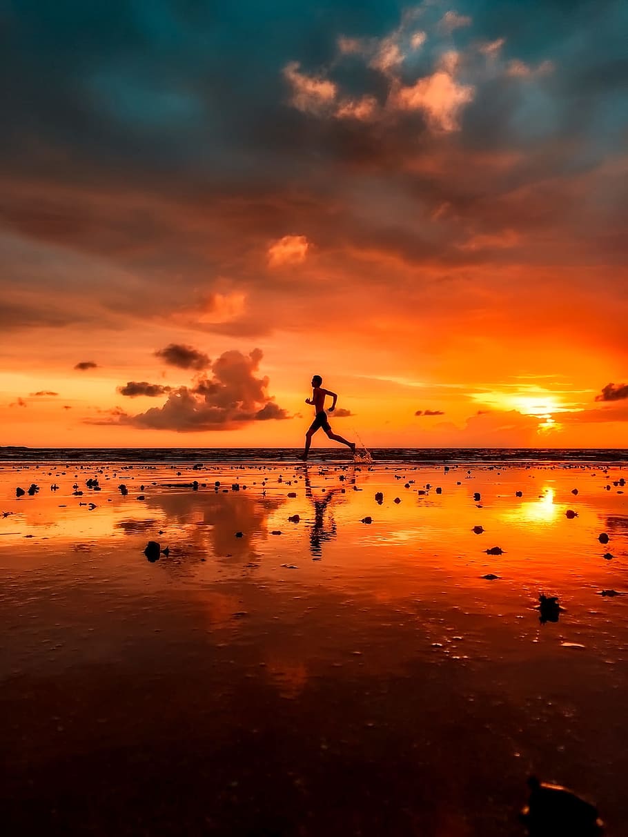 silhouette photo, person, running, seashore, india, man, silhouette, jogging, exercise, sunset