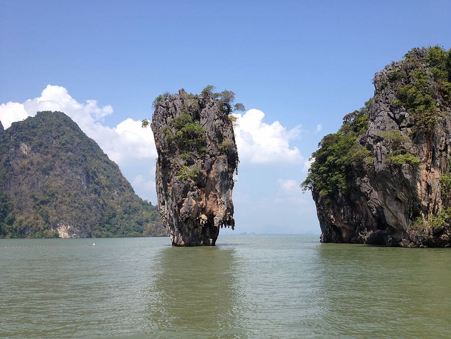 gris, acantilado, rodeado, cuerpo, agua, azul, cielo, isla de James Bond, tailandés, Tailandia