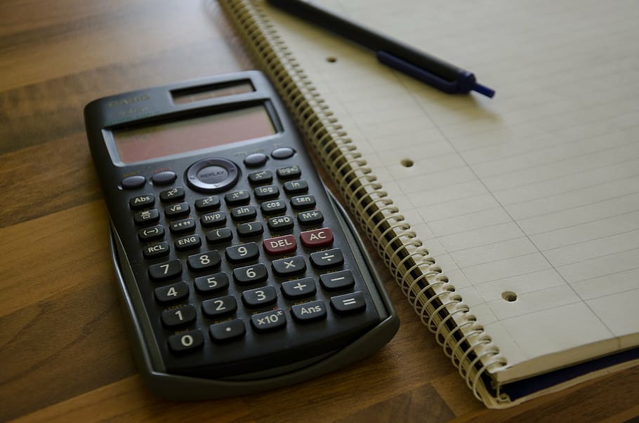 negro, calculadora gráfica, al lado, cuaderno espiral, calculadora, bloc de notas, cálculo, bolígrafo, notas, herramienta de escritura