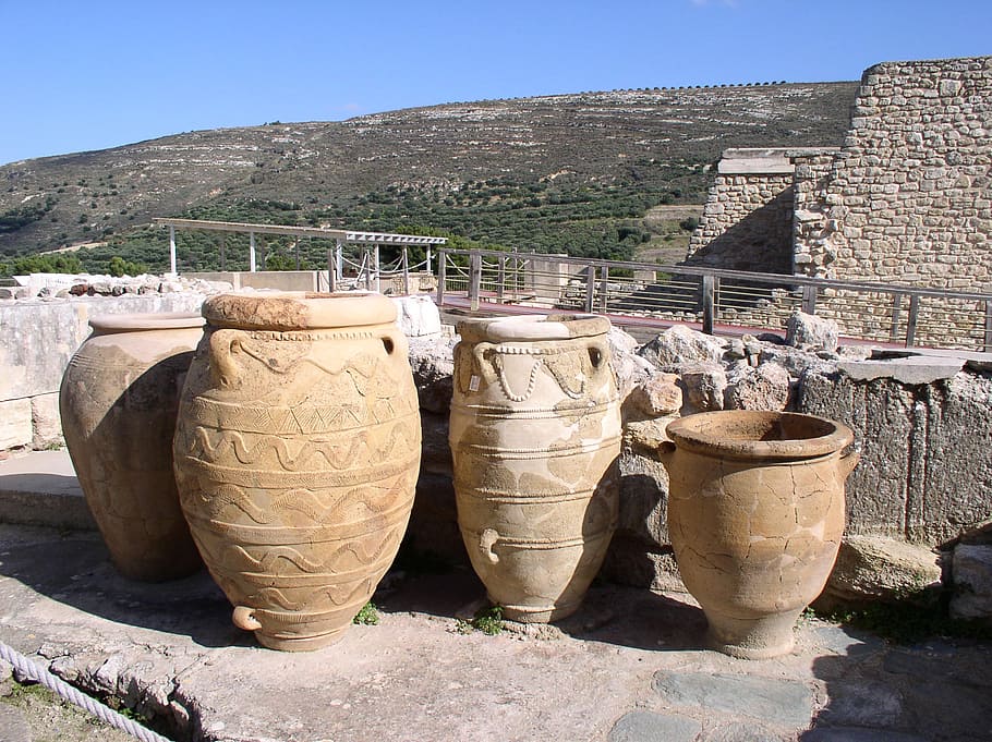 vasos de cerâmica marrom, ânfora, knossos, creta, grécia, férias, antiguidade, templo, som, céu