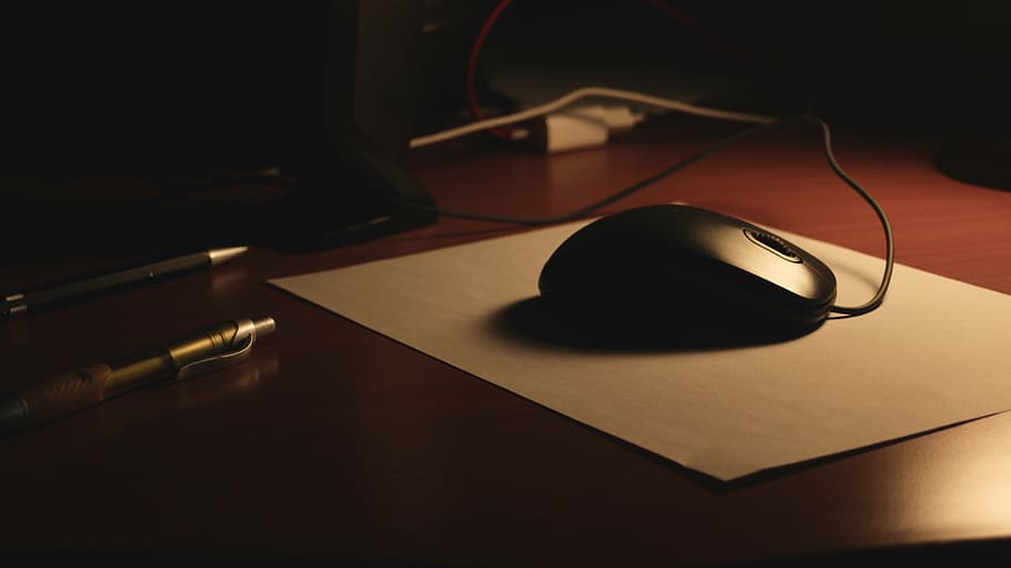 black, corded, mouse, top, white, mouse pad, computer, two, pens, work