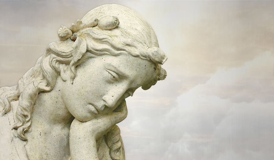 female concrete statue, sculpture, statue, art, marble, monument, angel, background, stone, head
