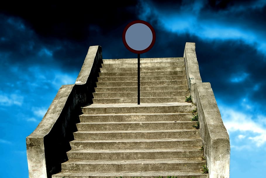 stairway, heaven illustration, old, concrete, stairs, going, blue, cloudy, sky, sign