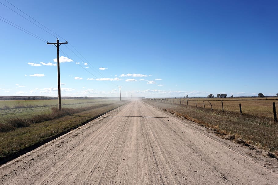 usa, nebraska, midwest, america, rural, dirt road, road, dust, sky, electricity