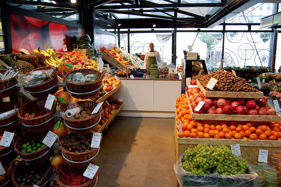종류, 과일, 바구니, 가게, 시장, 식품, 신선한, 쇼핑, 야채, 본질적인