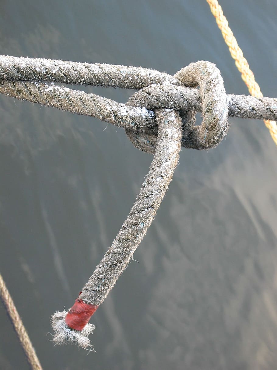 Knot, Rope, Ship, strength, tied up, close-up, outdoors, day, metal, focus on foreground