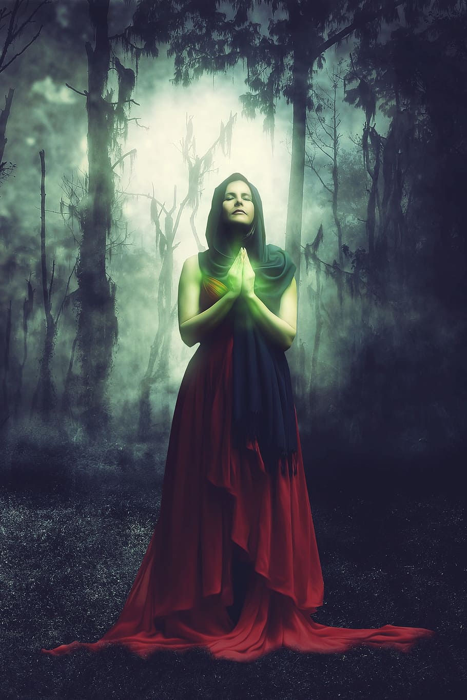 woman, red, dress, praying, fantasy, forest, magic, surreal, artistic, nature