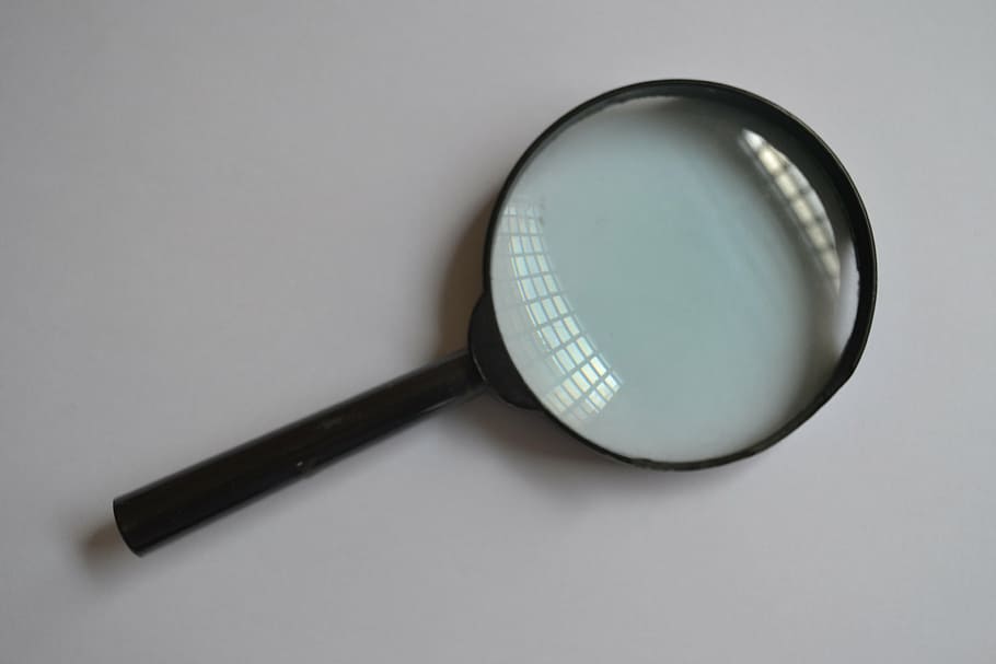 black magnifying glass, magnifying glass, glass, increase, lens, search, gray, studio shot, indoors, white background