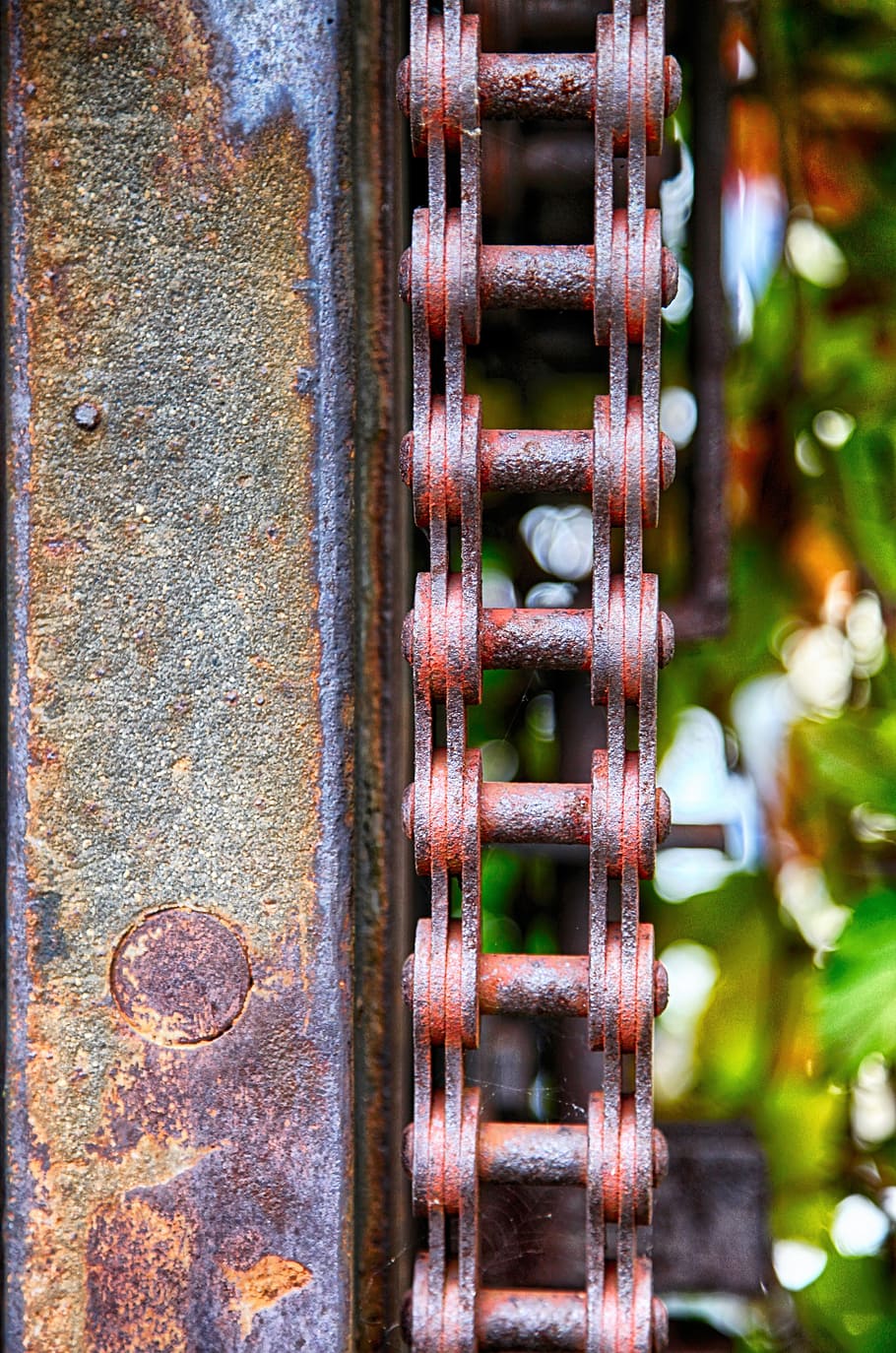 cadena, unidad, portón, aserradero, inoxidable, viejo, oxidado, hierro, metal, rueda