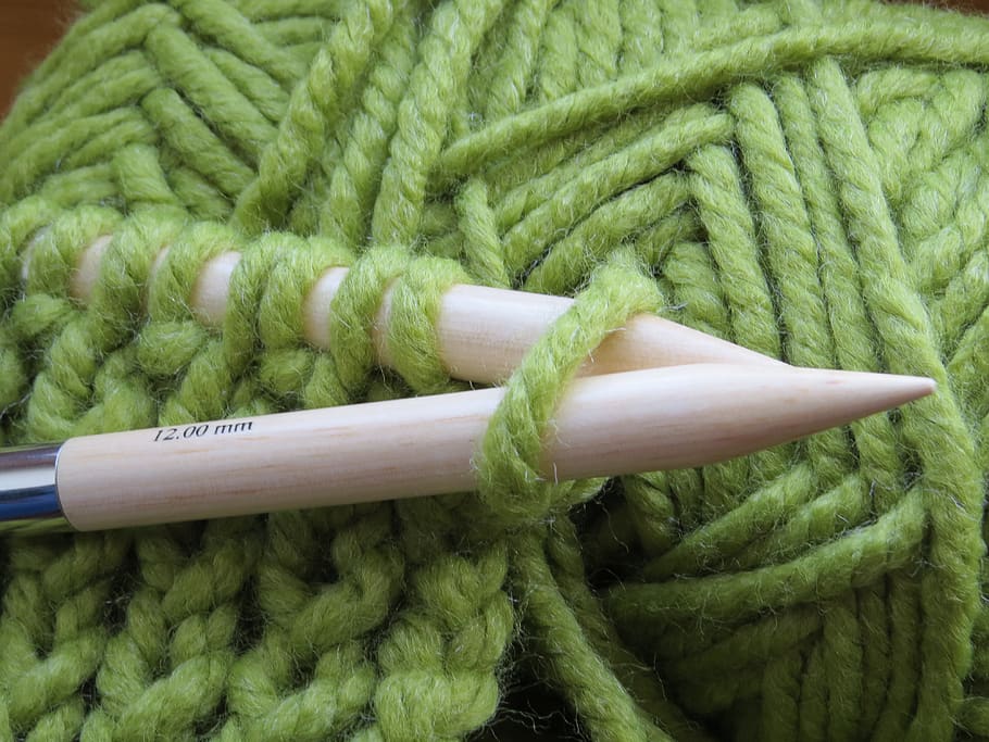 knit, knitting needles, green, wool, cat's cradle, hand labor, hobby, needles, textile, green color