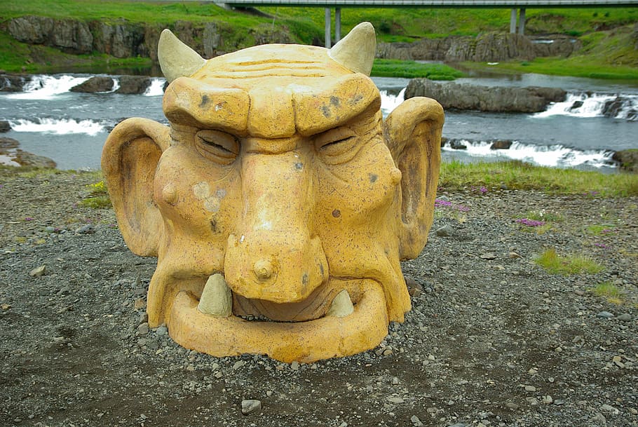 troll, iceland, legend, face, water, representation, sculpture, art and craft, day, statue