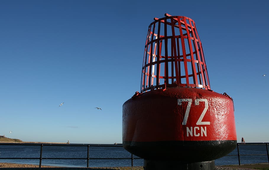 buoy, beach, sea, buoys, scenic, navigation, colour, red, autumn, sky
