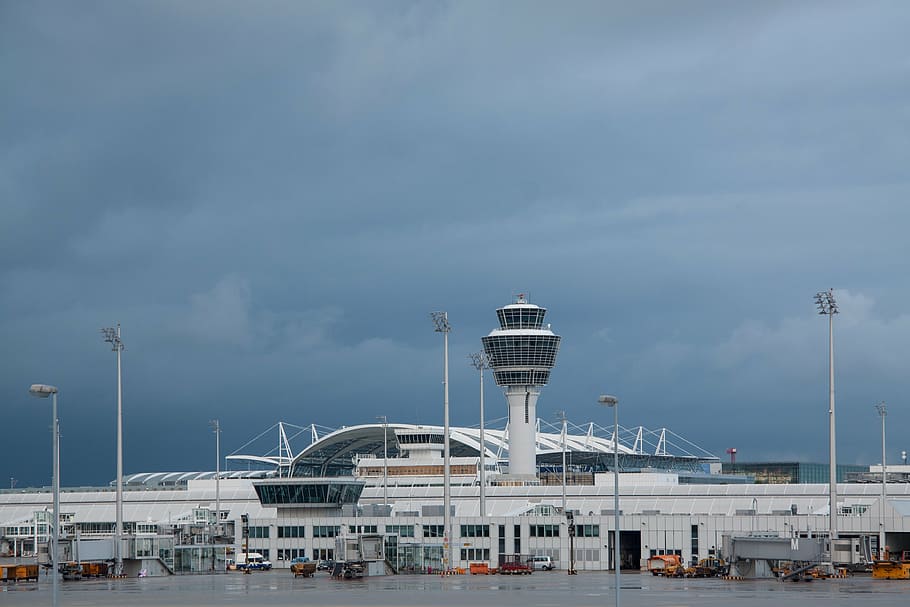 birds eye view, airport, international, munich, architecture, building, transport, airlines, control tower, tower