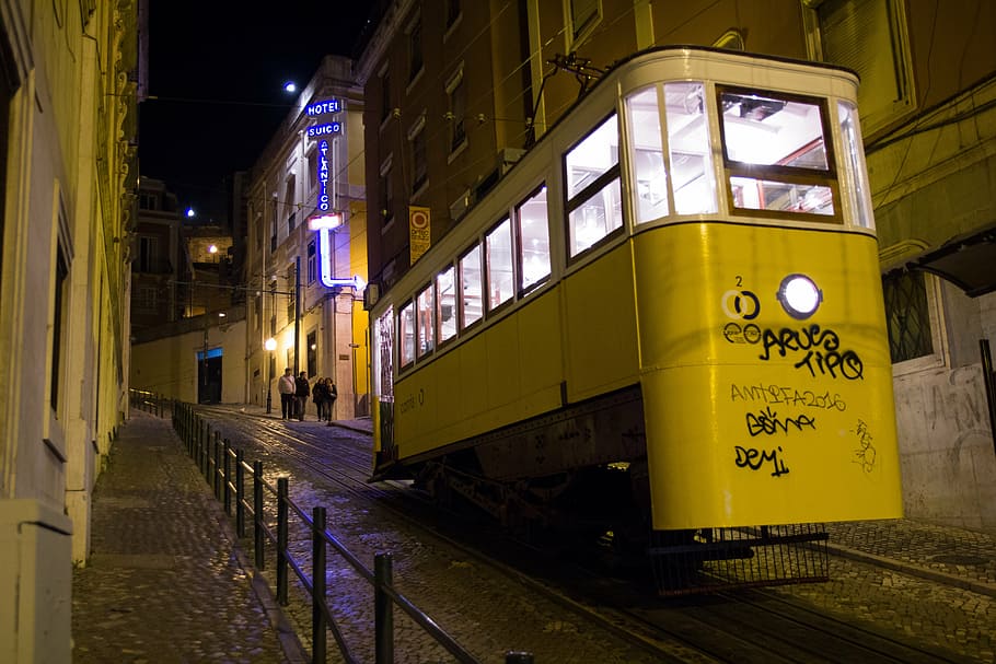 lisbon, transport, night, graffiti, tram, hill, old, tram 28, yellow, transportation