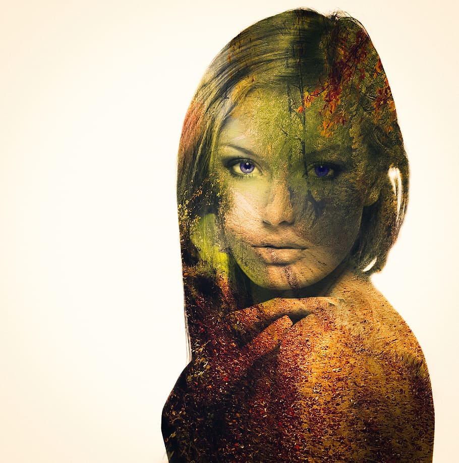 woman abstract painting, edited, woman, double, exposure, person, forest, eyes, model, white