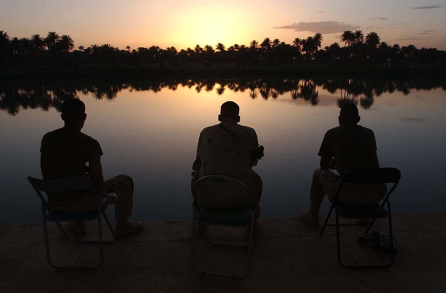 silhouette, three, men, sitting, chairs, front body, water, Iraq, Euphrates River, Water, Forest