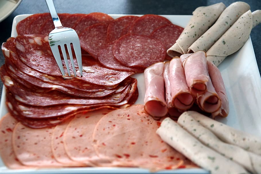 ham, square plate, wurstplatte, cold cuts, sausage, salami, food, eat, delicious, cut