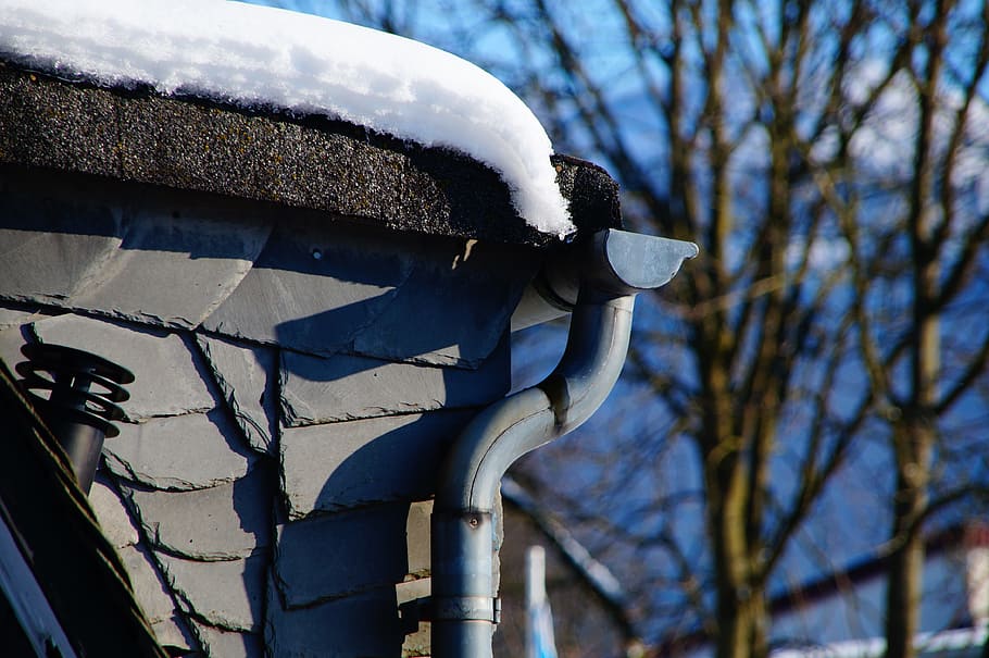 gutter, downpipe, snow, winter, protection, slate, water, cold, frost, zinc