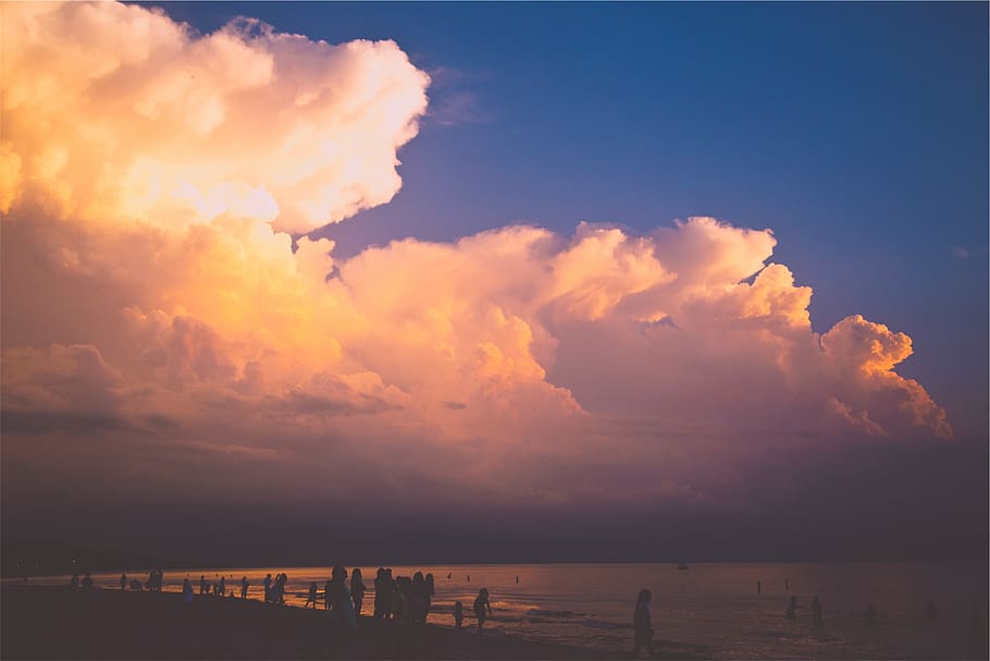 sunset, clouds, sky, people, beach, sand, ocean, sea, cloud - sky, water