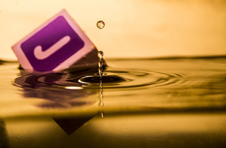 reflection, drop, still life, water drop, block, purple, letter j, yellow, tower, water