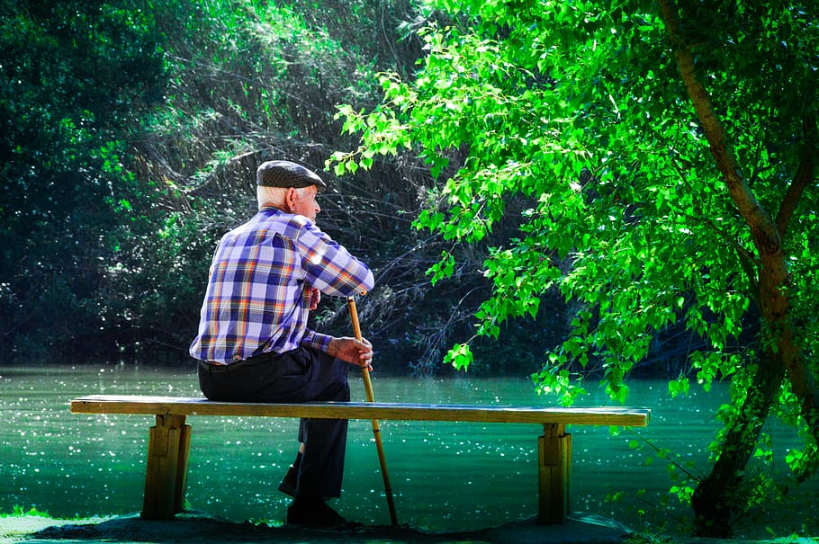 man, sitting, bench, facing, body, water, elder, meditating his life, watch the water, men