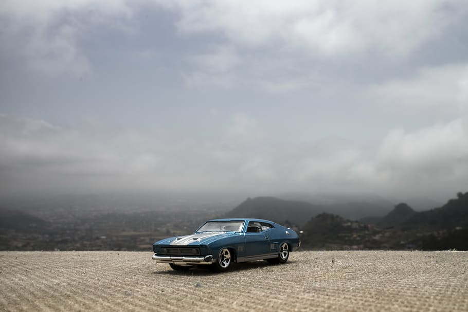 classic, blue, white, coupe, parked, gray, sky, muscle car, classic car, retro