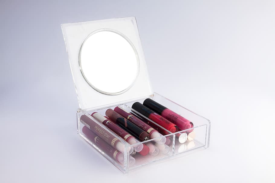 líquido, lápiz labial, claro, caja de plástico, brillo de labios, cosméticos, plexiglás, envase, espejo, color