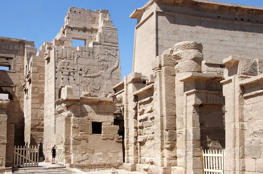 ancient ruins photo, egypt, thebes, medinet-habu, temple, hieroglyphs, tower, fresco, architecture, religion