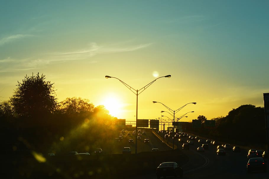 sunset, traffic, rent a car, road, car, motor vehicle, mode of transportation, transportation, sky, street