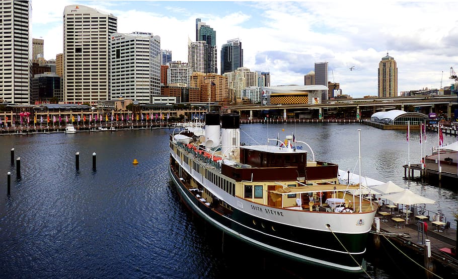 Darling harbour, Sydney, white ship, building exterior, architecture, water, city, nautical vessel, built structure, transportation